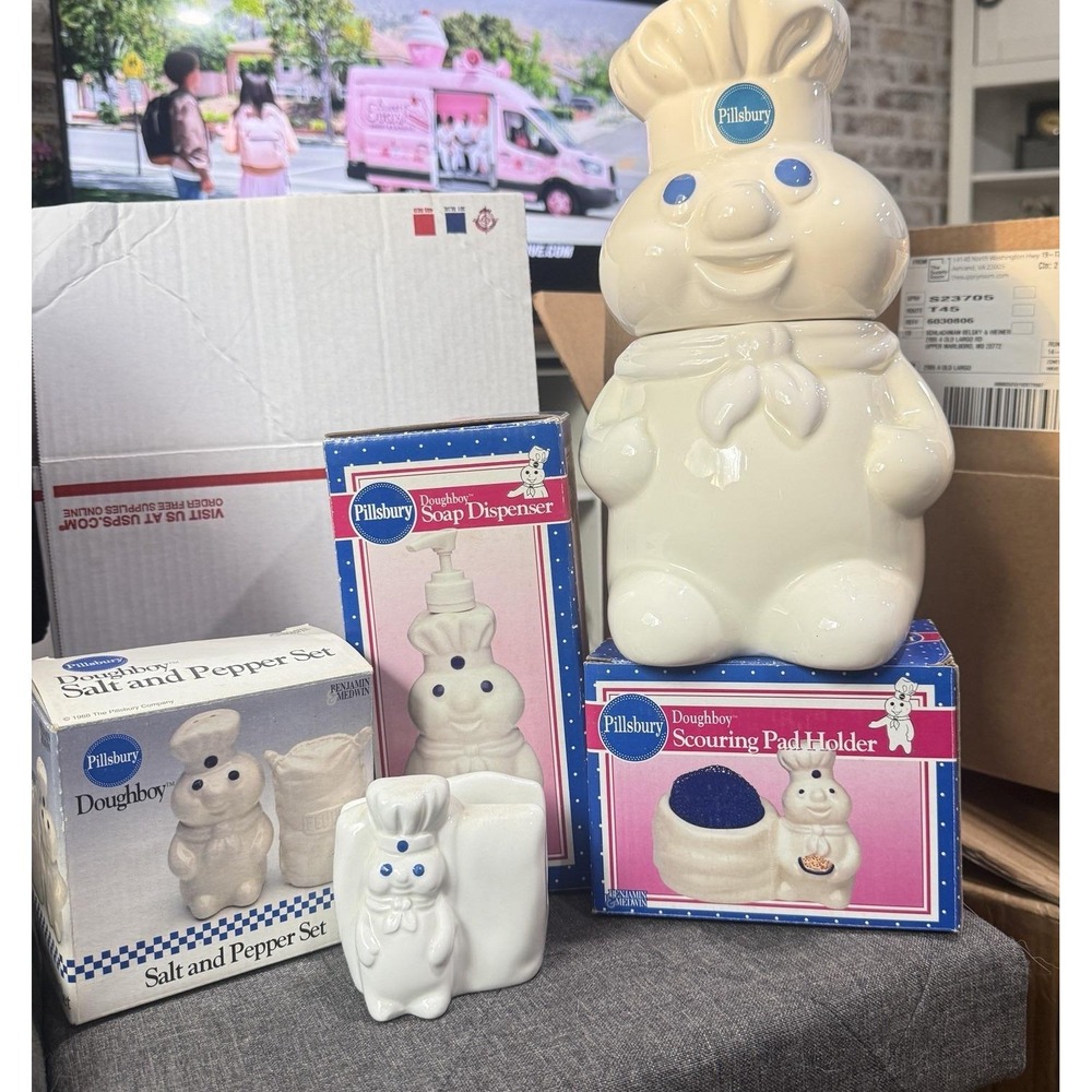 Vintage PILLSBURY Doughboy Kitchen Lot Soap Cookie Jar Salt Pepper Napkin